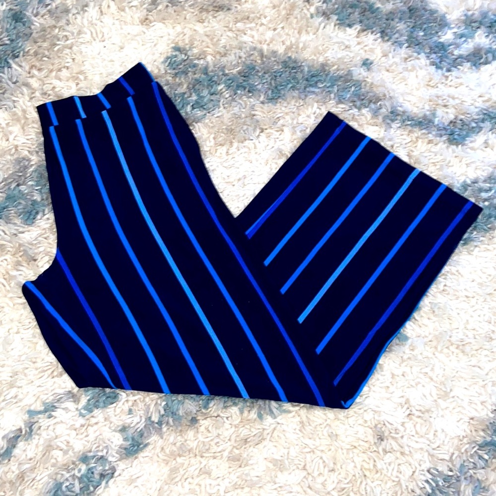 Susan Graver Regular Printed Liquid Knit Pull-On Pants ~ Navy Blue Stripe
